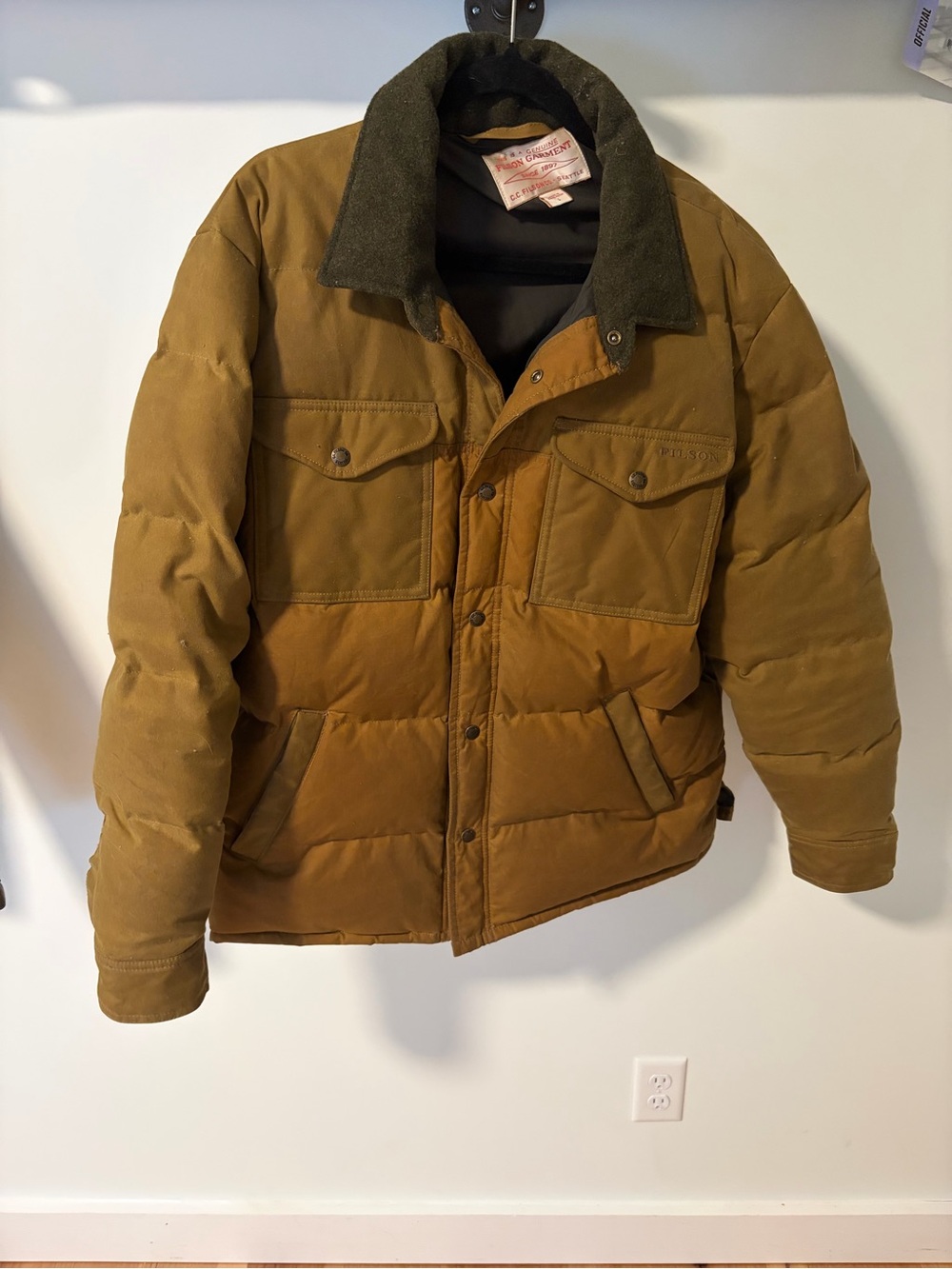 Filson Men's Waxed Brown Puffer Jacket with Wool Collar
